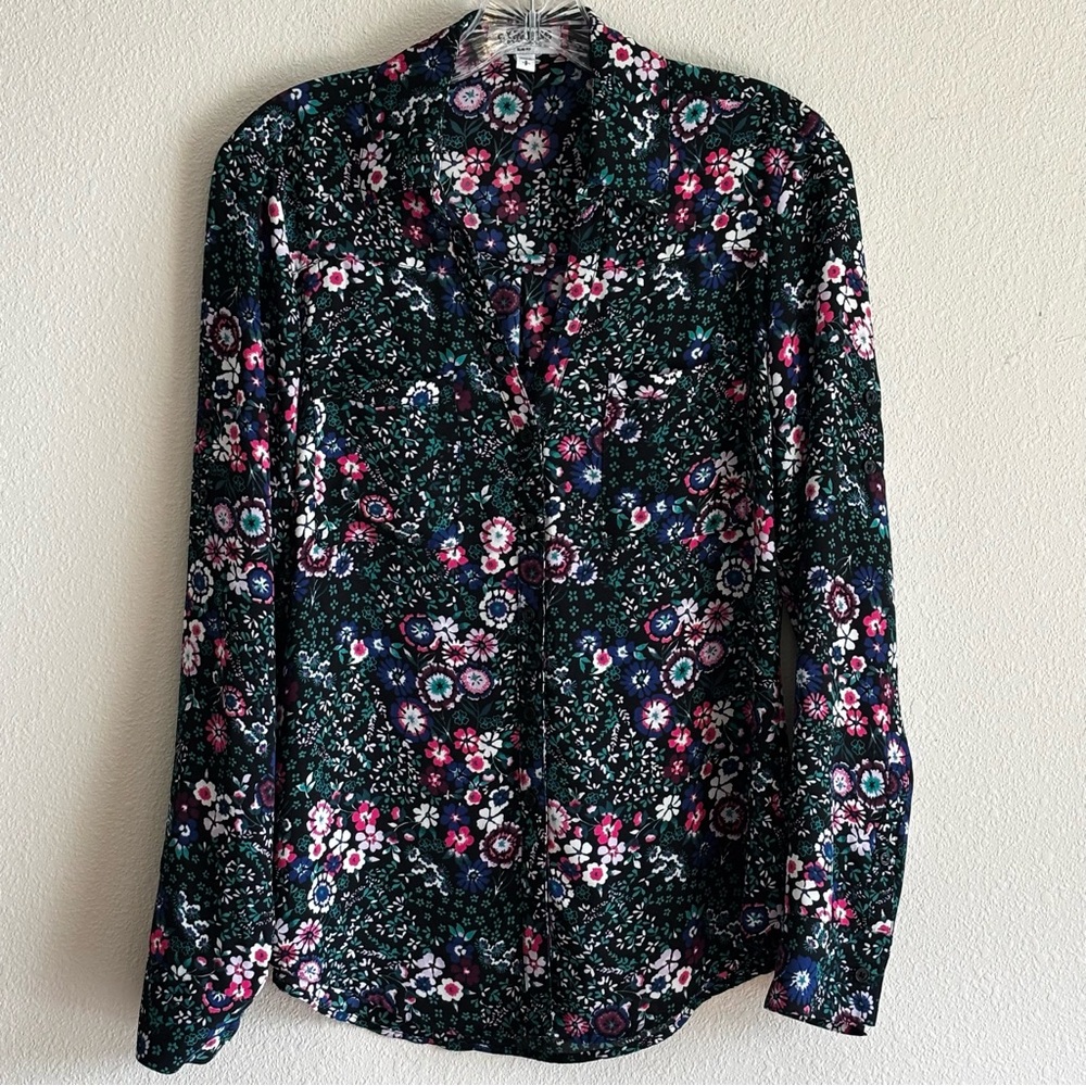EUC Express Women's Floral Portofino Shirt - Black, Pink, Teal Size SP